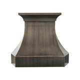 refined curved antique brass custom range hood with symmetrical polished brass vertical inlay strips and ornate embossed scroll floral detailing for vintage farmhouse luxury kitchen back view