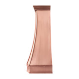 Prime close-up view of classic copper range hood with handcrafted seams and warm copper finish side view