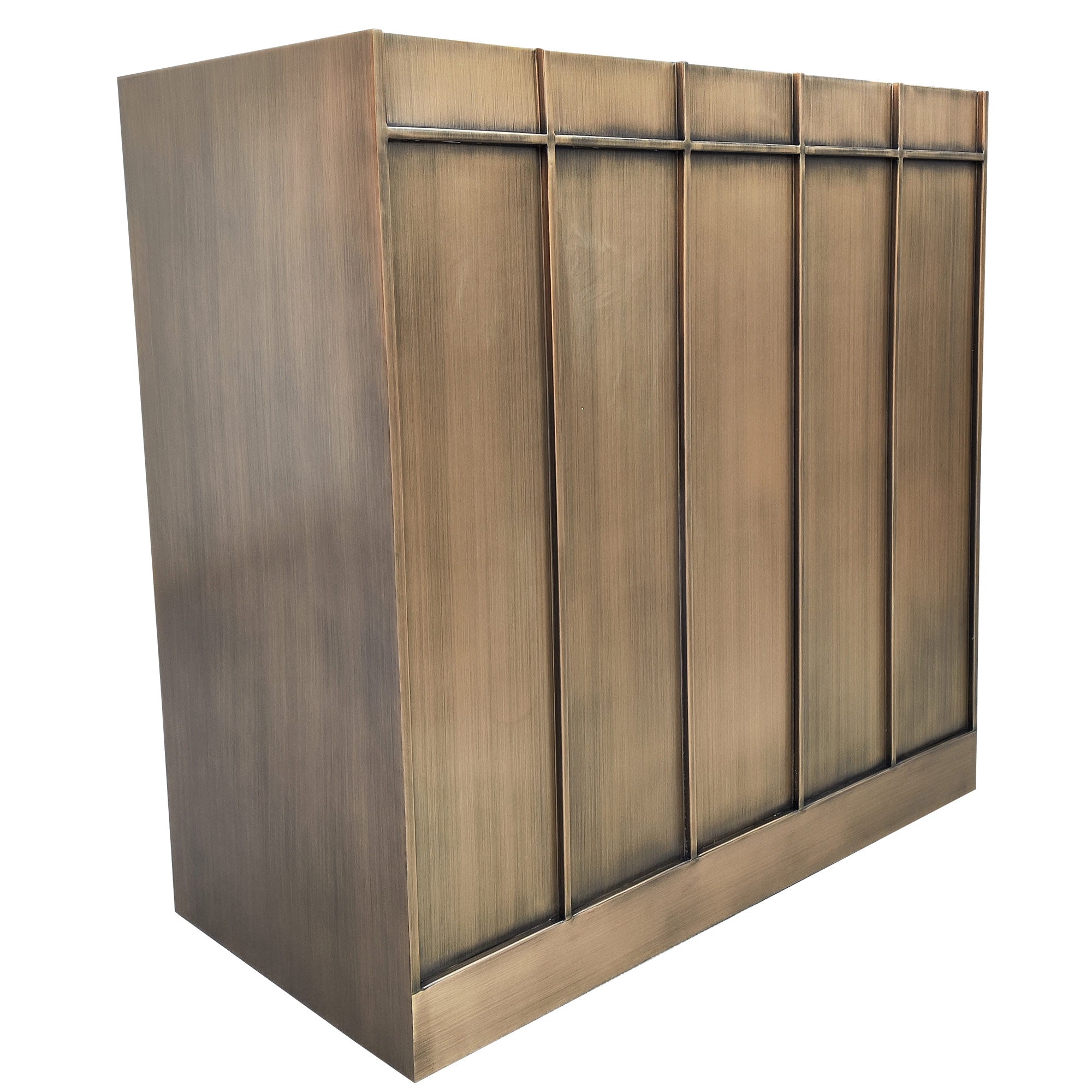 customized antiqued brass exhaust hood with grid panels
