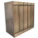 customized antiqued brass exhaust hood with grid panels