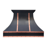 prime custom dark copper range hoods with natural copper straps and decorative rivets for farmhouse kitchens