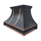 prime custom dark copper range hoods with natural copper straps and decorative rivets for luxury kitchens