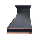prime custom dark copper stove range hoods with natural copper straps and decorative rivets for luxury kitchens