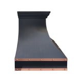 prime custom dark copper range hoods with natural copper straps and decorative rivets for farmhouse kitchens side view