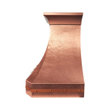 copper stove range hood with handmade hammered finish body and brushed straps and hammered rivets