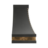 matte black stainless steel stove range hood with brass straps and rivets