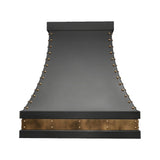 matte black stainless steel range hood with non direction brass straps front videw