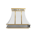 prime custom white stainless steel range hood with brass accents