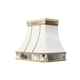 prime custom white painted stainless steel vent range hood with decorative brass accents