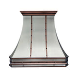 prime custom brushed stainless steel range hoods with decorative copper straps and pot rail-1