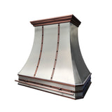 prime custom brushed stainless steel range hoods with decorative copper straps and pot rail-3