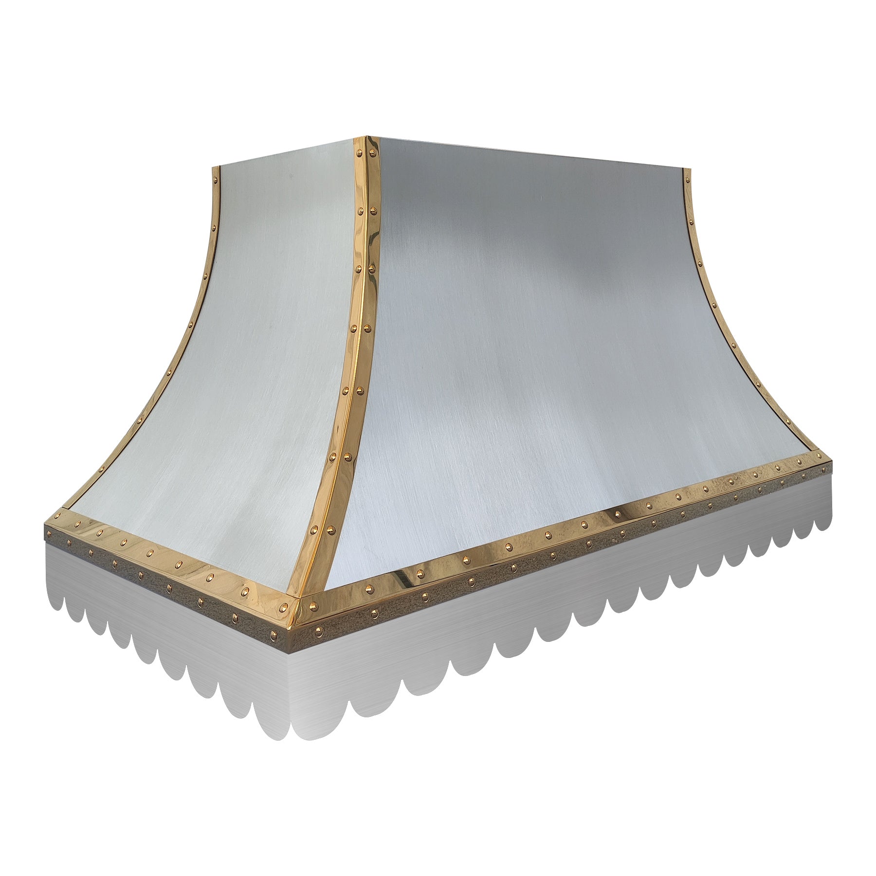 refined curved stainless steel island chimney range hood with polished brass rivet trim and decorative scalloped bottom edge for luxury farmhouse kitchen renovation whole view