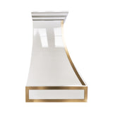 white painted stainless steel range hood with brass trims,featuring long-lasting performance and easy maintenance side view