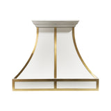 white stainless steel range hood with brass accents for  luxury kitchen designs