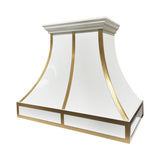 white stainless kitchen range hood with brass accents for both elegance and practicality
