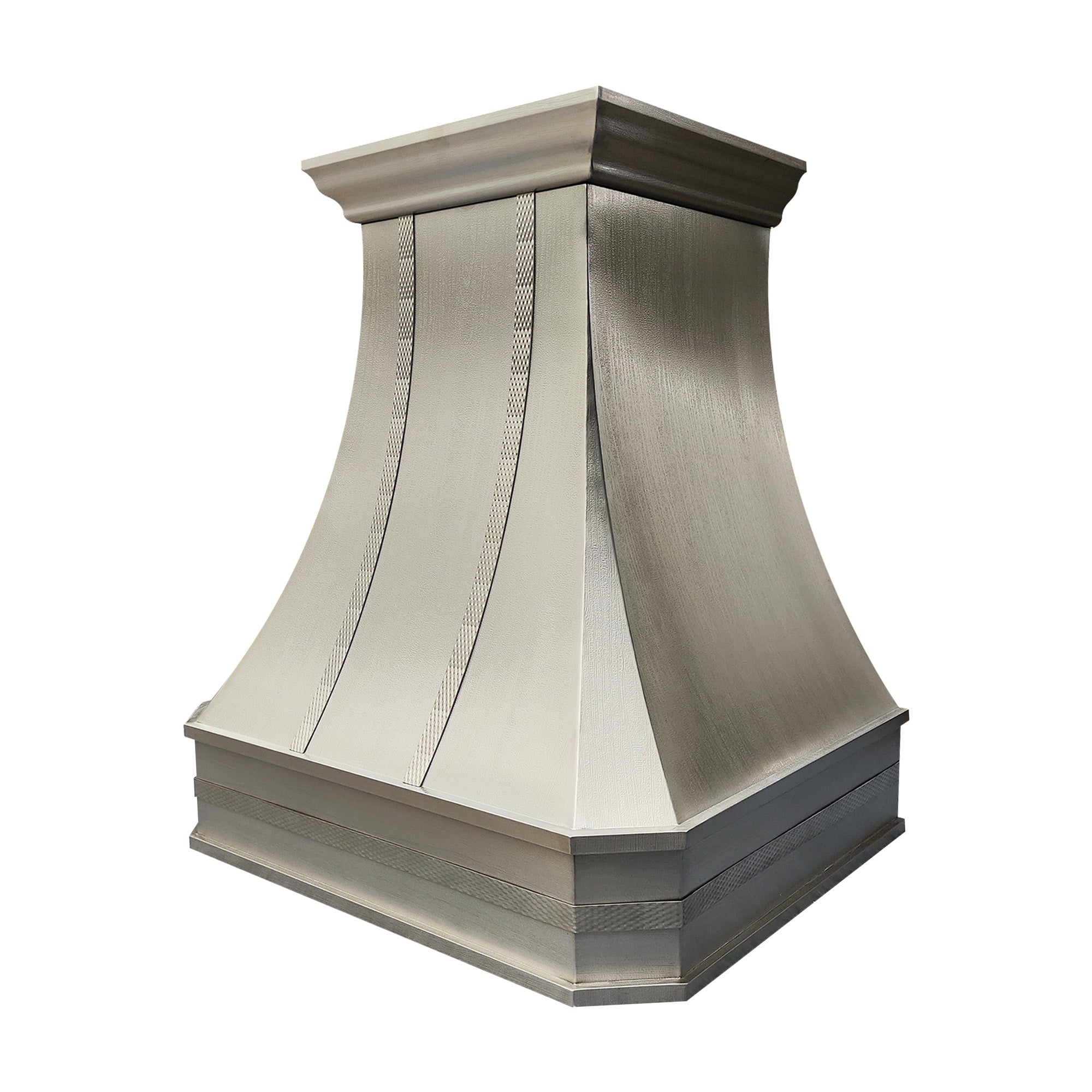 Prime handcrafted curved stainless steel custom range hood with vertical wood grain textured panels, crown molding trim for farmhouse kitchen 