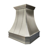 Prime handcrafted curved stainless steel custom range hood with vertical wood grain textured panels, crown molding trim for farmhouse kitchen 