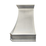 handcrafted curved stainless steel custom range hood with vertical wood grain textured panels, crown molding trim for farmhouse kitchen side view