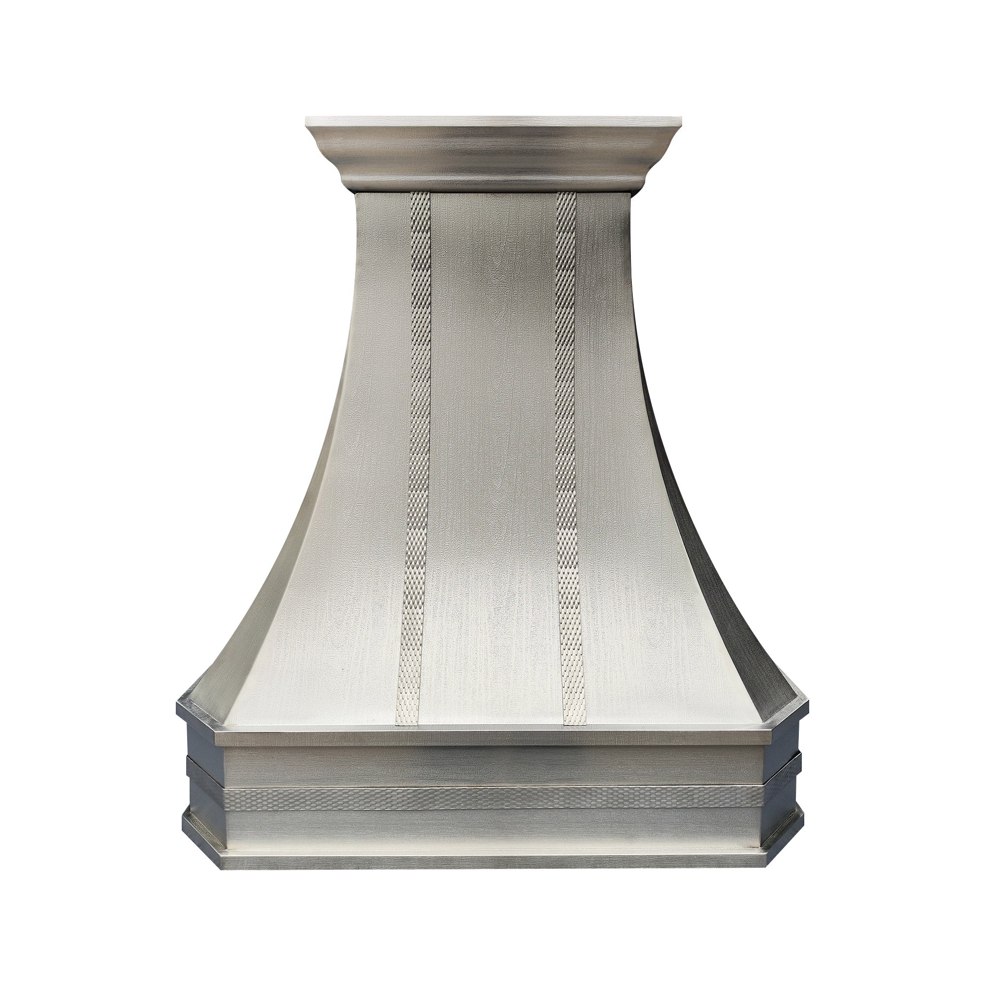 handcrafted curved stainless steel custom range hood with vertical wood grain textured panels, crown molding trim for farmhouse kitchen front view