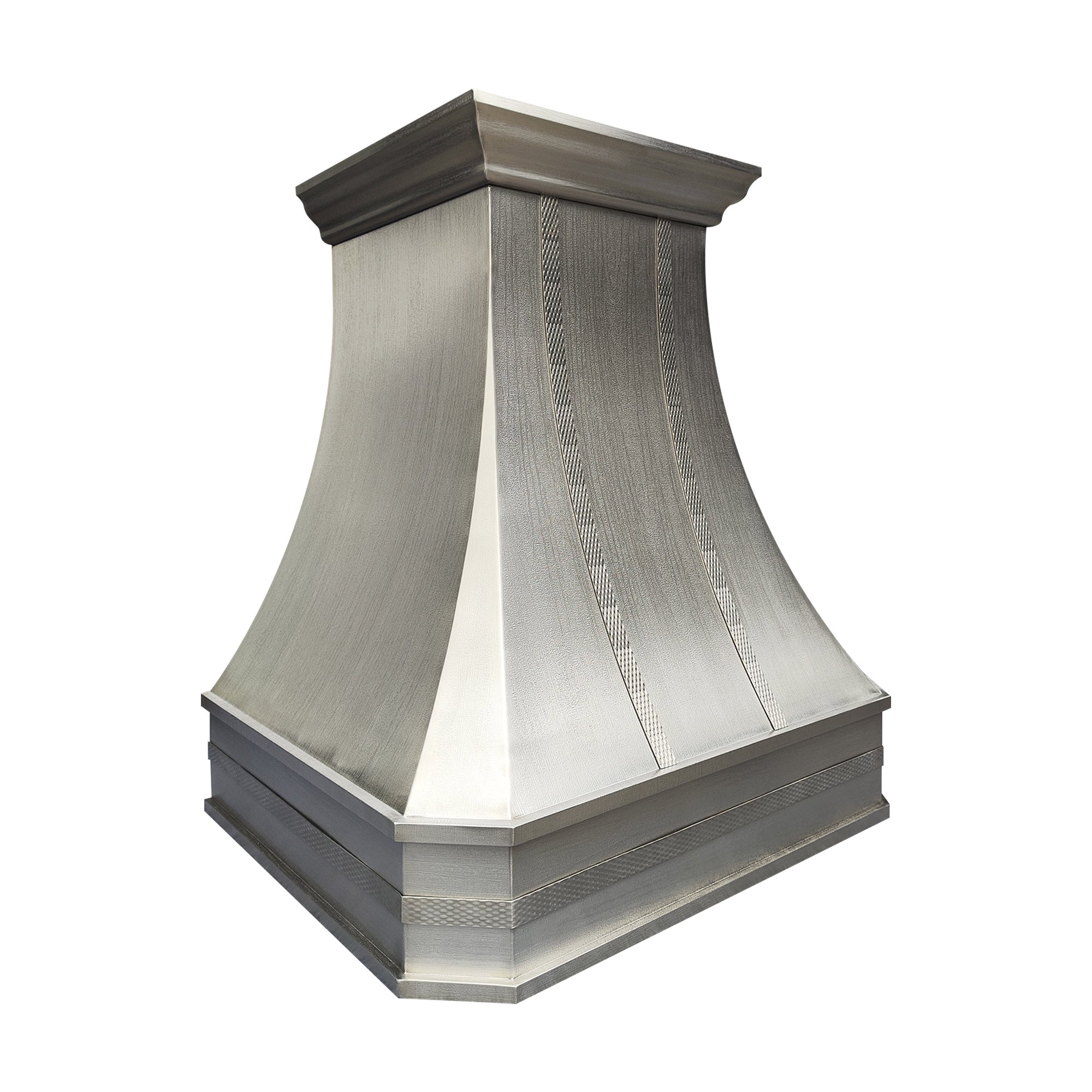 handcrafted curved stainless steel custom kitchen hood with vertical wood grain textured panels, crown molding trim for farmhouse kitchen 