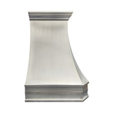 Prime handcrafted curved stainless steel custom range hood with vertical wood grain textured panels, crown molding trim for farmhouse kitchen side view