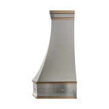 brushed stainless steel kitchen range hood with decorative crown molding and straps side view