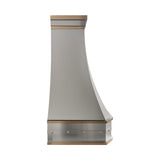 brushed stainless steel kitchen range hood with decorative crown molding and straps side view