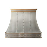 brushed stainless steel kitchen range hood with decorative crown molding and straps front view