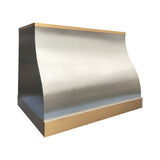 elegant barrel shape brushed stainless steel wall chimney hood with polished brass top and bottom trim for transitional kitchen design