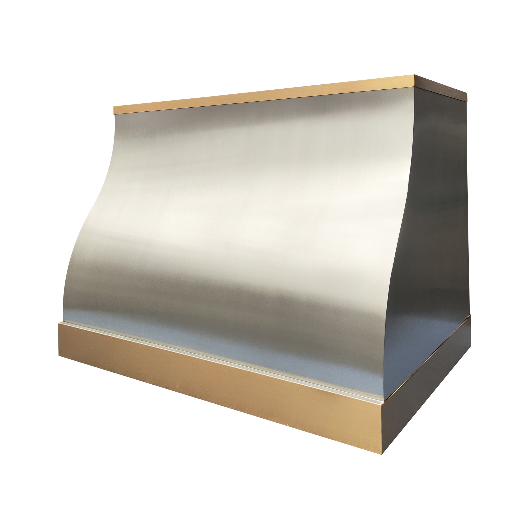 elegant barrel shape brushed stainless steel wall chimney kitchen hood with polished brass top and bottom trim for transitional kitchen design