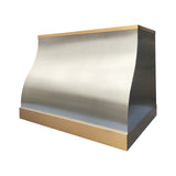 elegant barrel shape brushed stainless steel wall chimney kitchen hood with polished brass top and bottom trim for transitional kitchen design
