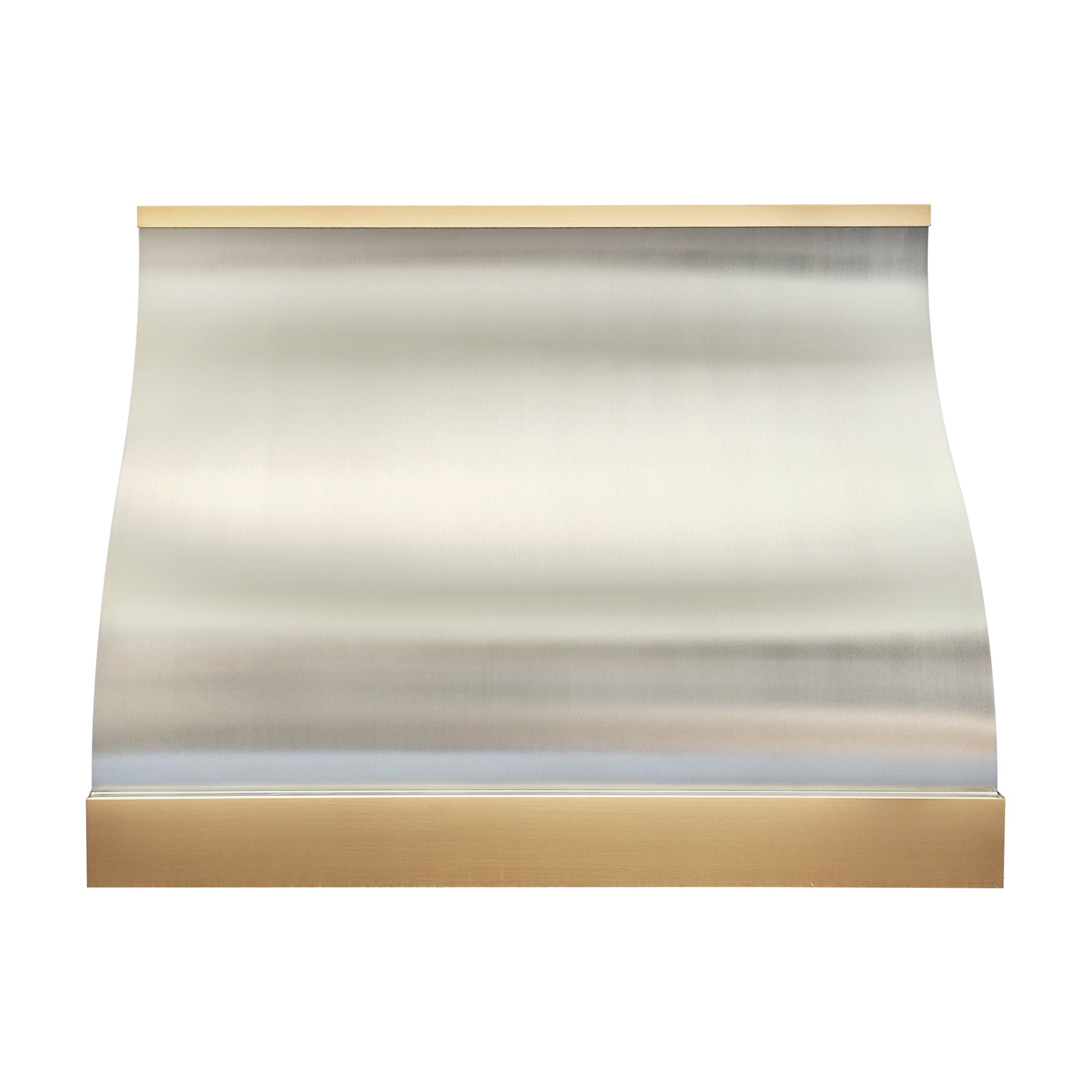elegant barrel shape brushed stainless steel wall chimney range hood with polished brass top and bottom trim for transitional kitchen design front view