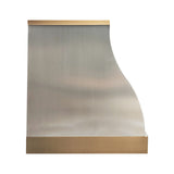 elegant barrel shape brushed stainless steel wall chimney range hood with polished brass top and bottom trim for transitional kitchen design side view