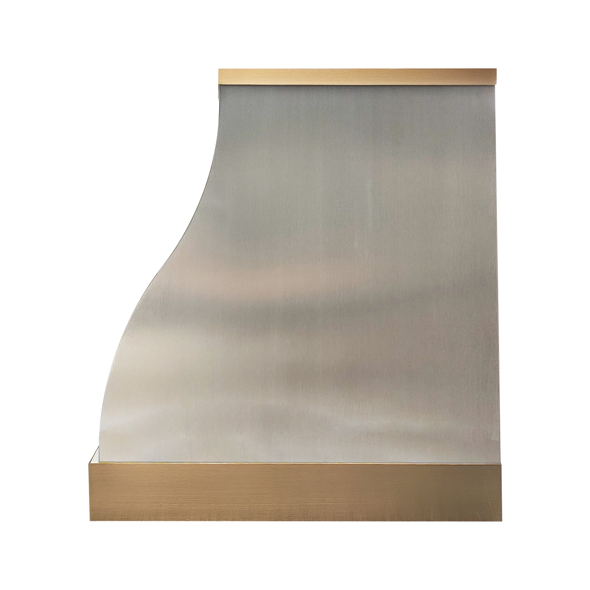 elegant barrel shape brushed stainless steel wall chimney range hood with polished brass top and bottom trim for transitional kitchen design side view