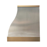 elegant barrel shape brushed stainless steel wall chimney range hood with polished brass top and bottom trim for transitional kitchen design side view