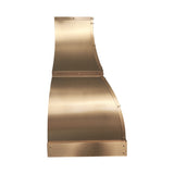 bell shaped brass range hood with straps and small round rivets for luxury kitchen design side view