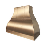 bell shaped brass range hood with straps and small round rivets for luxury kitchen design  view