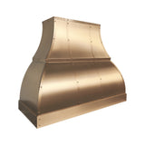 bell shaped brass range hood with straps and small round rivets for luxury kitchen design slope view