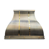 luxury brass range hood with antique brushed finish and elegant silhouette front view