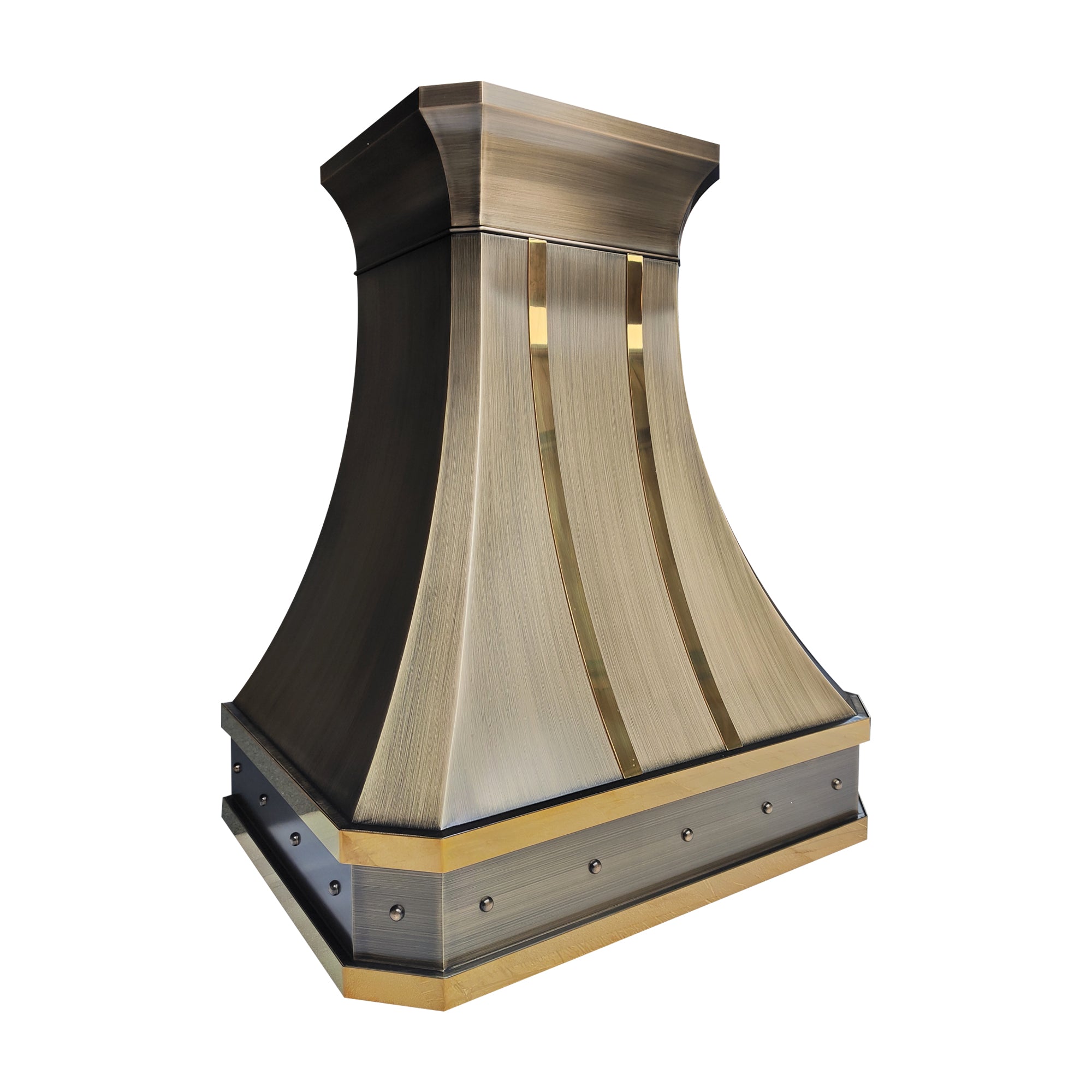refined curved premium brass wall chimney range hood with vertical polished brass inlays and decorative rivets for transitional industrial kitchen design