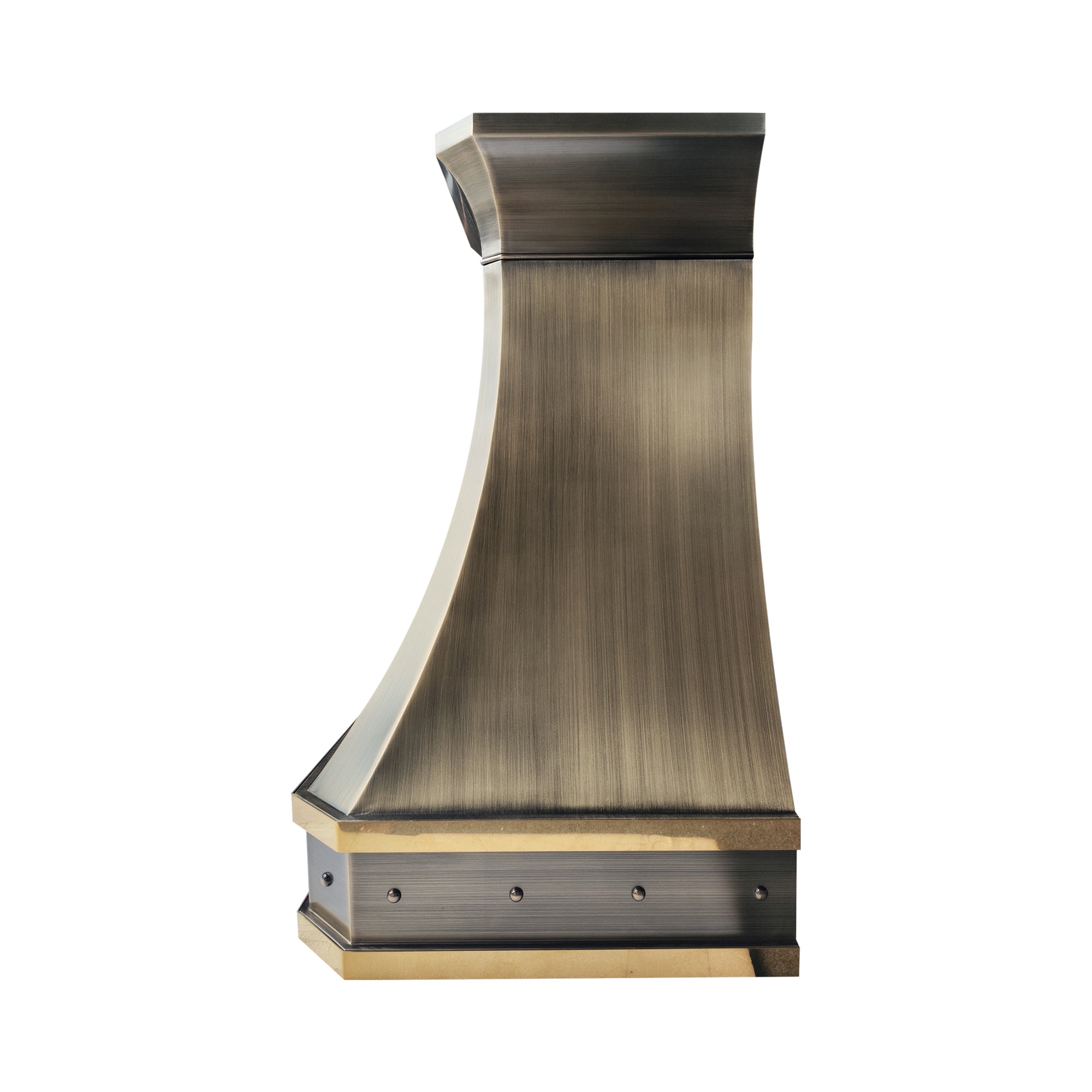 refined curved premium brass wall chimney range hood with vertical polished brass inlays, trim and decorative rivets for transitional industrial kitchen design side view