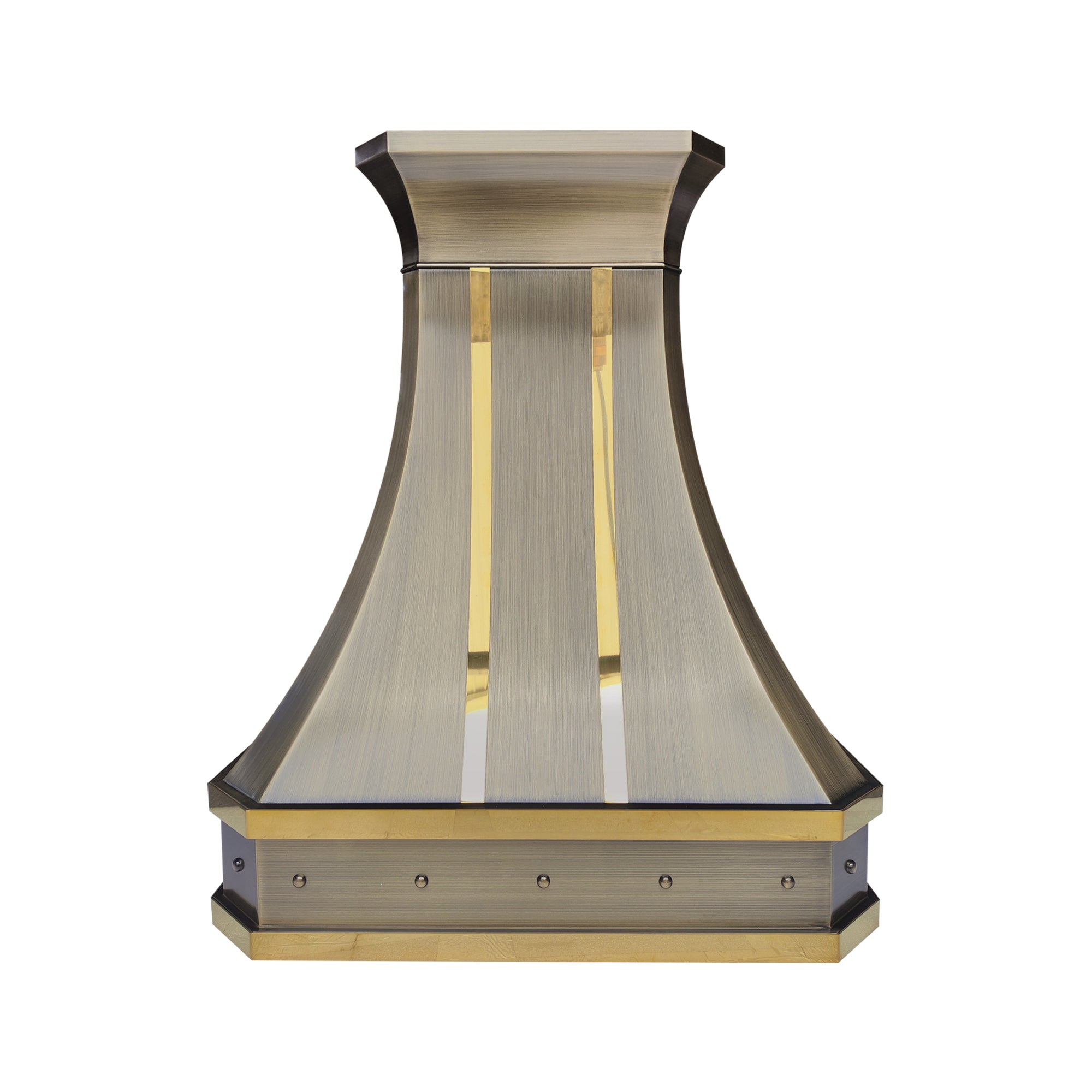 refined curved premium brass wall chimney range hood with vertical polished brass inlays and decorative rivets for transitional industrial kitchen design