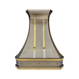 refined curved premium brass wall chimney range hood with vertical polished brass inlays and decorative rivets for transitional industrial kitchen design