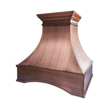 Custom copper range hood with a classic curved canopy design, decorative crown molding, and handcrafted details for a luxury traditional kitchen.
