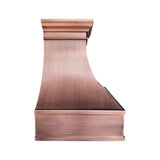 Custom copper range hood with a classic curved canopy design, decorative crown molding, and handcrafted details for a luxury traditional kitchen.
side view
