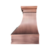 Custom copper range hood with a classic curved canopy design, decorative crown molding, and handcrafted details for a luxury traditional kitchen.
side view