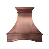 Custom copper range hood with a classic curved canopy design, decorative crown molding, and handcrafted details for a luxury traditional kitchen.