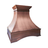 Custom copper range hood with a classic curved canopy design, decorative crown molding, and handcrafted details for a luxury traditional kitchen.