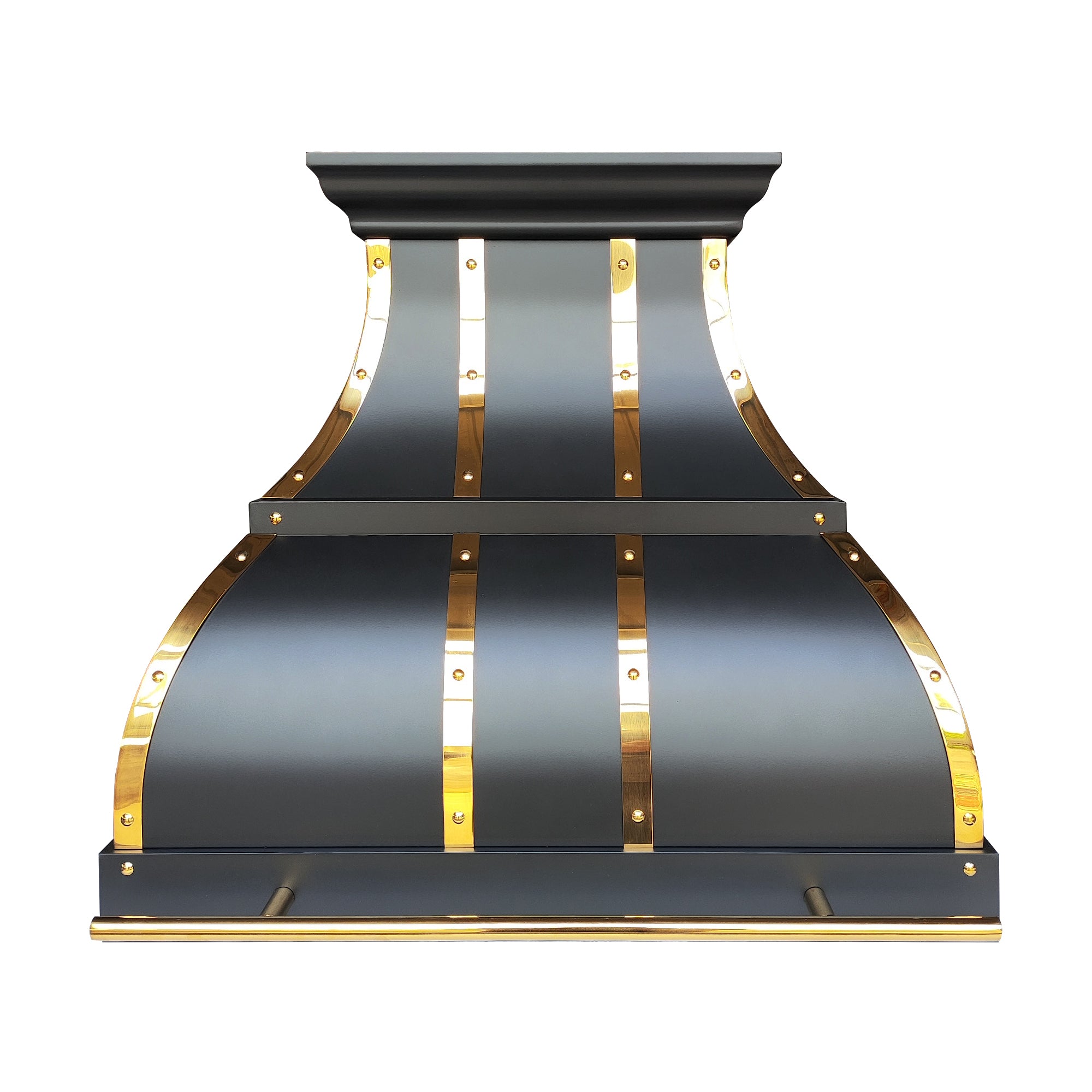 luxury modern kitchen vent hood with polished brass frame arched silhouette statement appliance front view