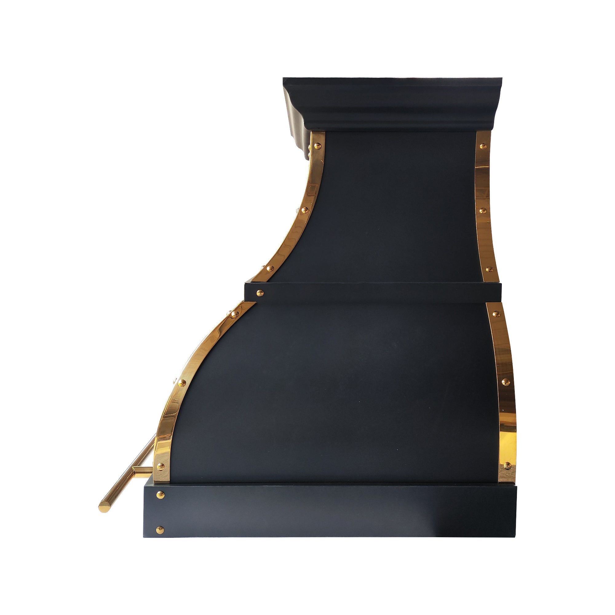 luxury modern kitchen vent hood with polished brass frame arched silhouette statement appliance side view